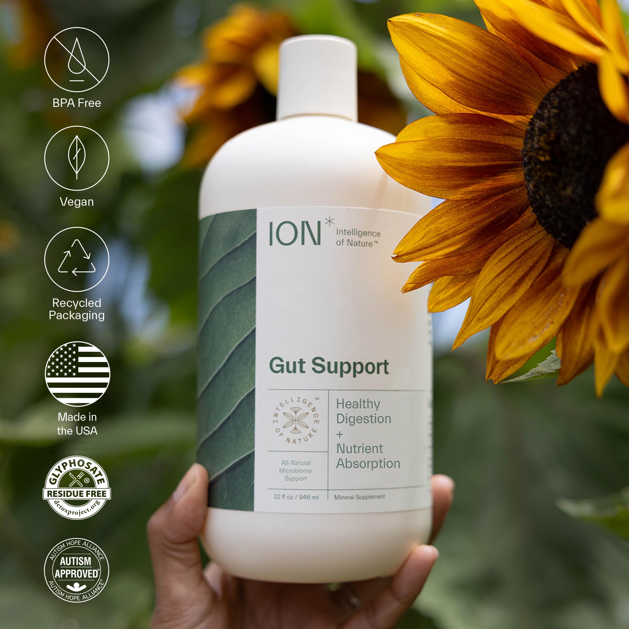 ION Gut Support liquid highlights digestive health compatibility and mineral hydration.