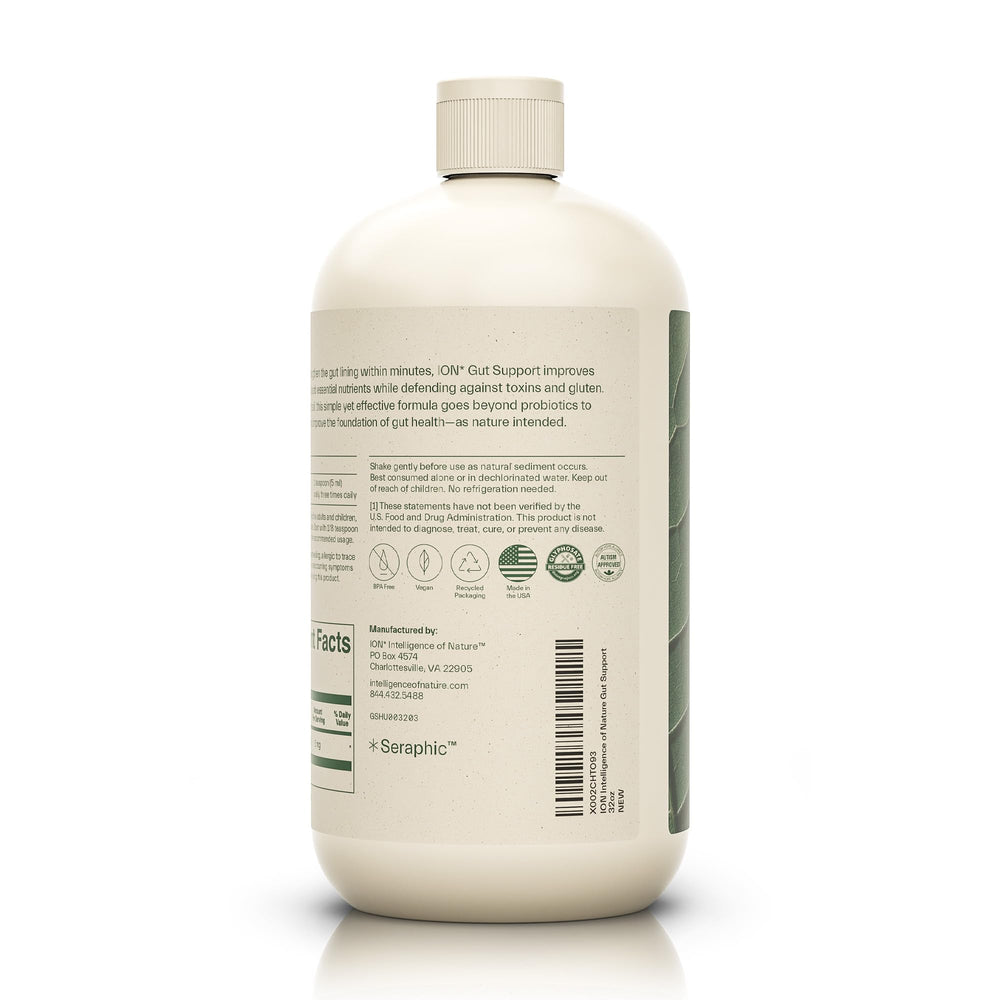 Close-up of ION* Gut Support label showing humic extract ingredients.