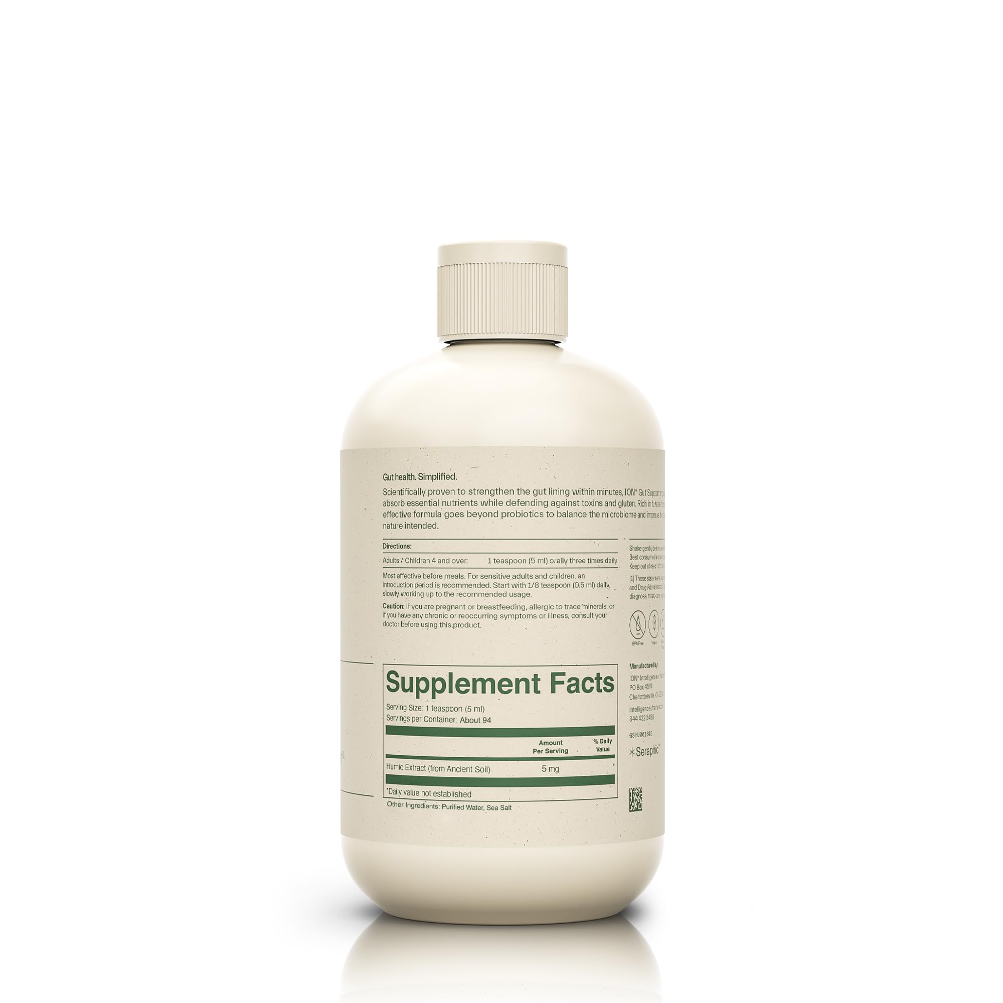 ION* Gut Support label close-up highlighting humic extract ingredients for digestion support.