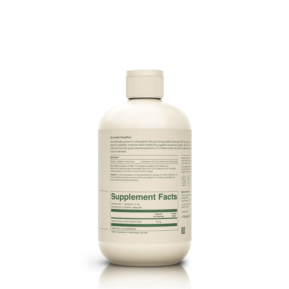 ION* Gut Support label close-up highlighting humic extract ingredients for digestion support.