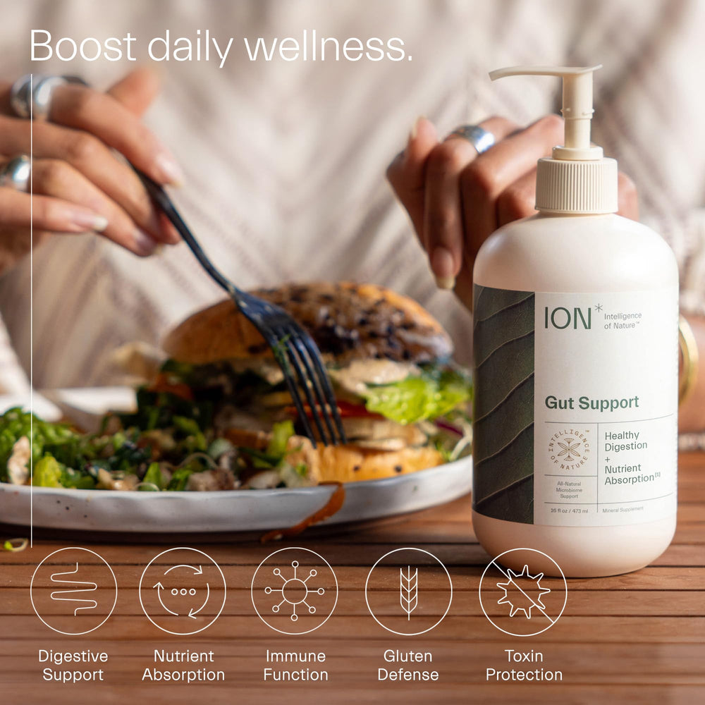 ION* Gut Support packaging on a kitchen counter signals family-friendly wellness.