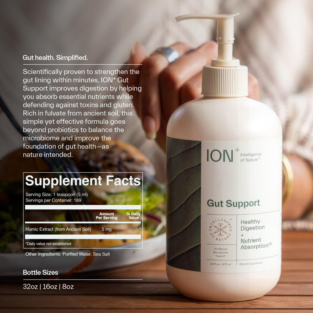 ION Gut Support label emphasizes natural ingredients and USA-made formulation.