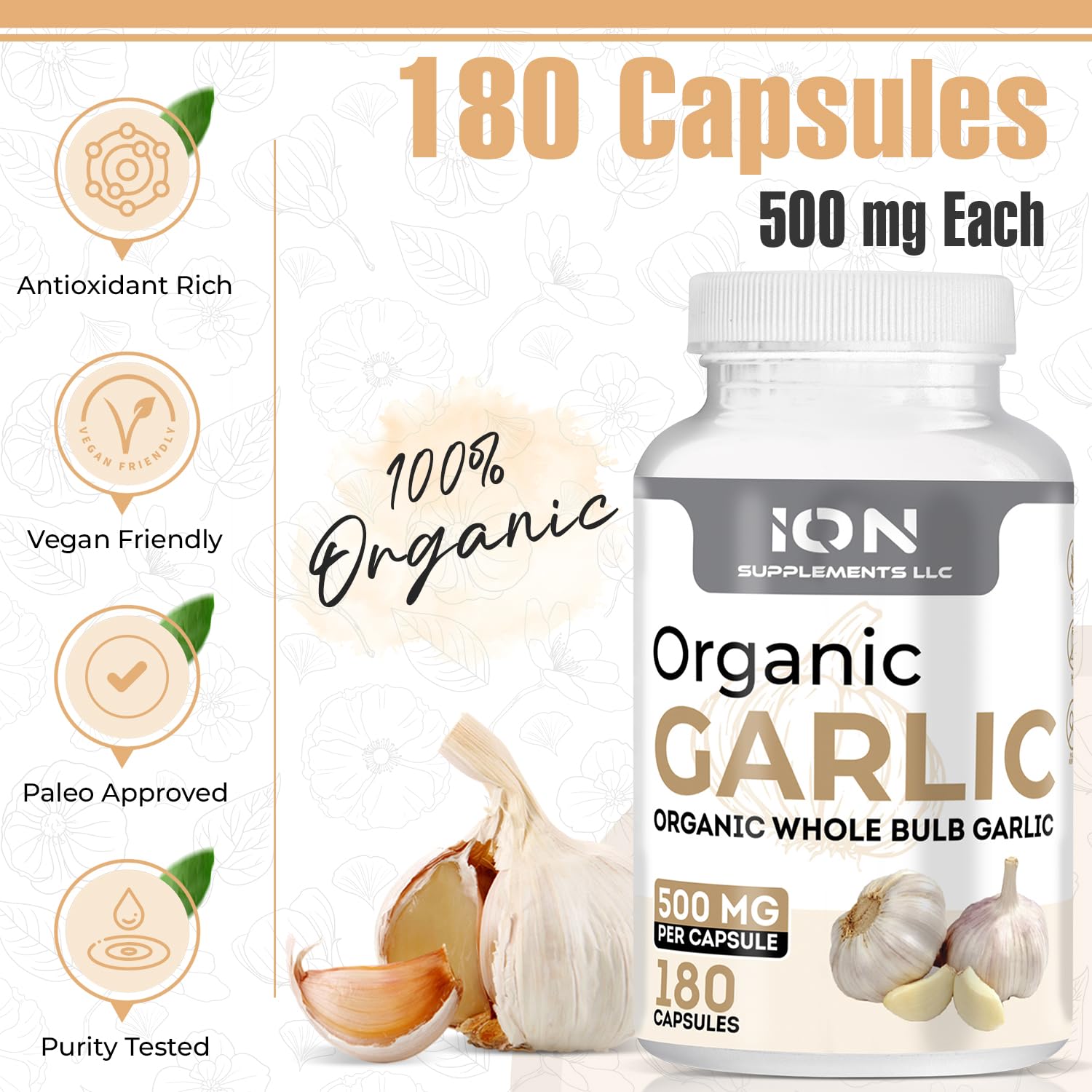 Ion Supplements Organic Garlic Capsules close-up shows clean formulation, free of fillers.