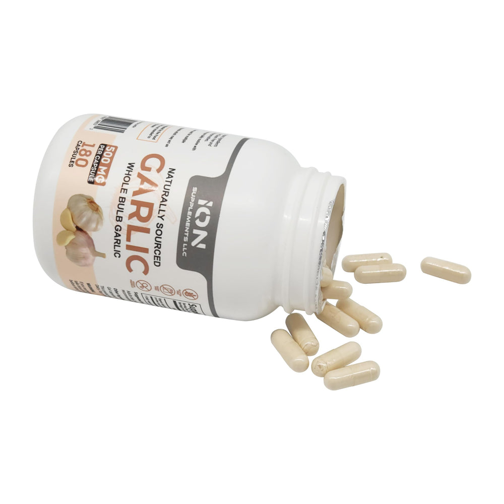 Ion Supplements Garlic Capsules packaging showing vegan and paleo-friendly formula.