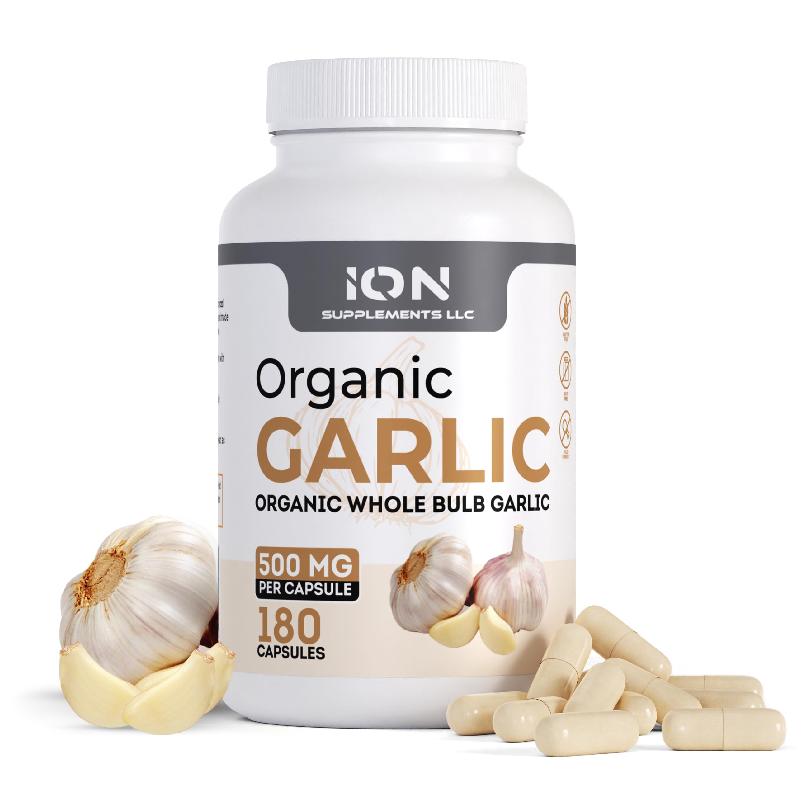 Ion Supplements Organic Garlic Capsules 500 mg bottle for daily heart and immune support.