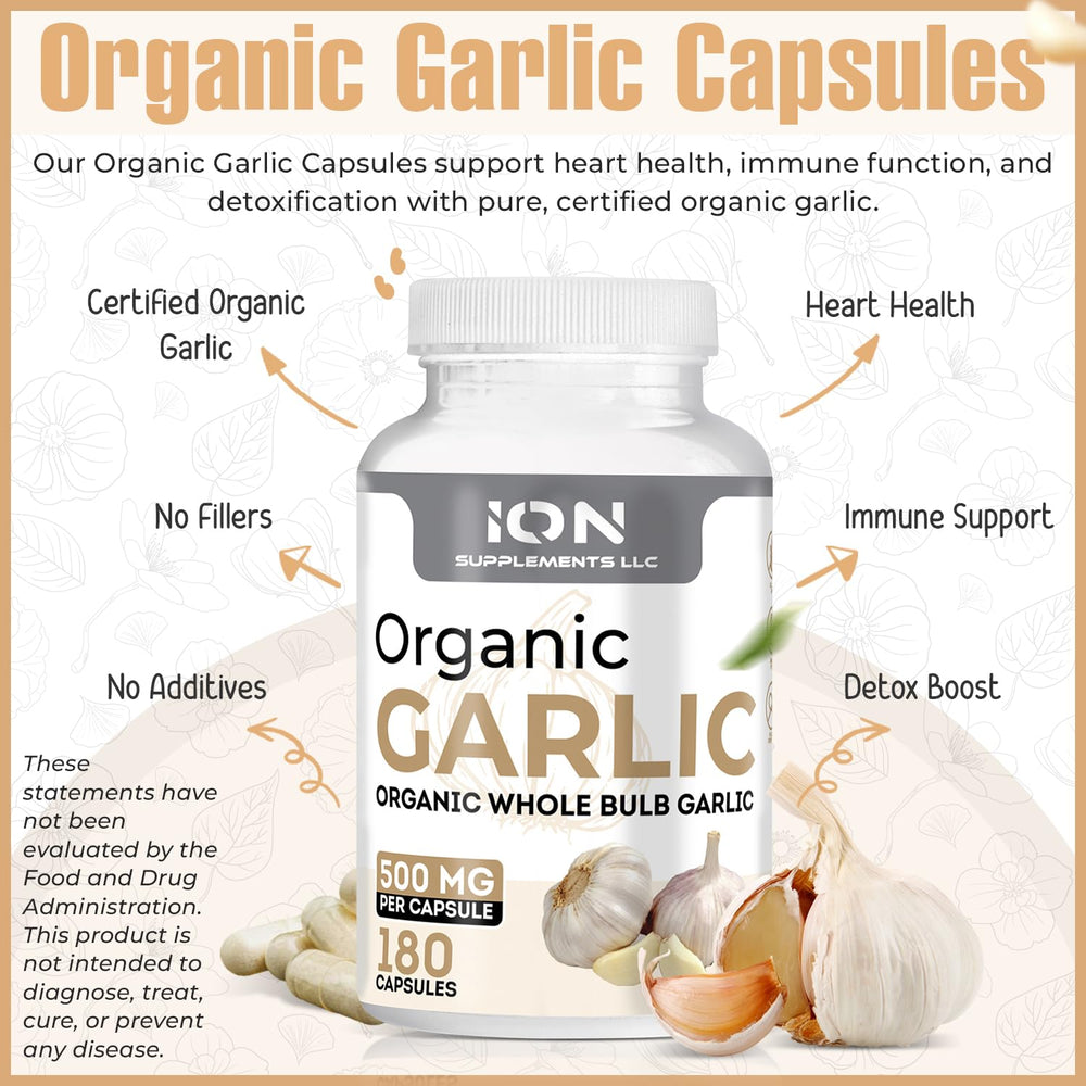 Ion Supplements Organic Garlic Whole Bulbs on display for nutrient-rich daily use.