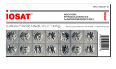 IOSAT potassium iodide tablets close-up, 130 mg dosage for radiation preparedness.