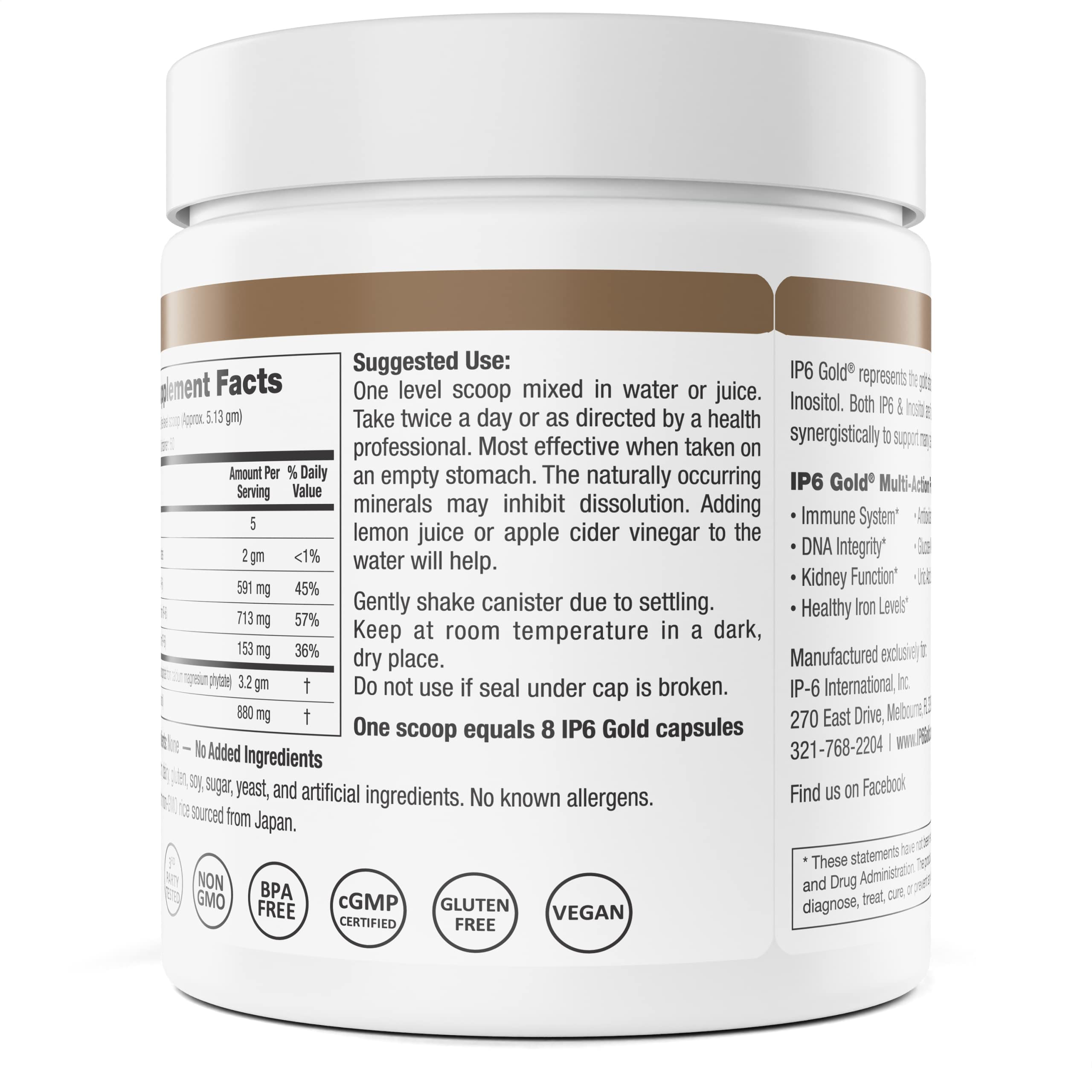 IP6 Gold ingredients list highlights no additives and gluten-free vegan formula.