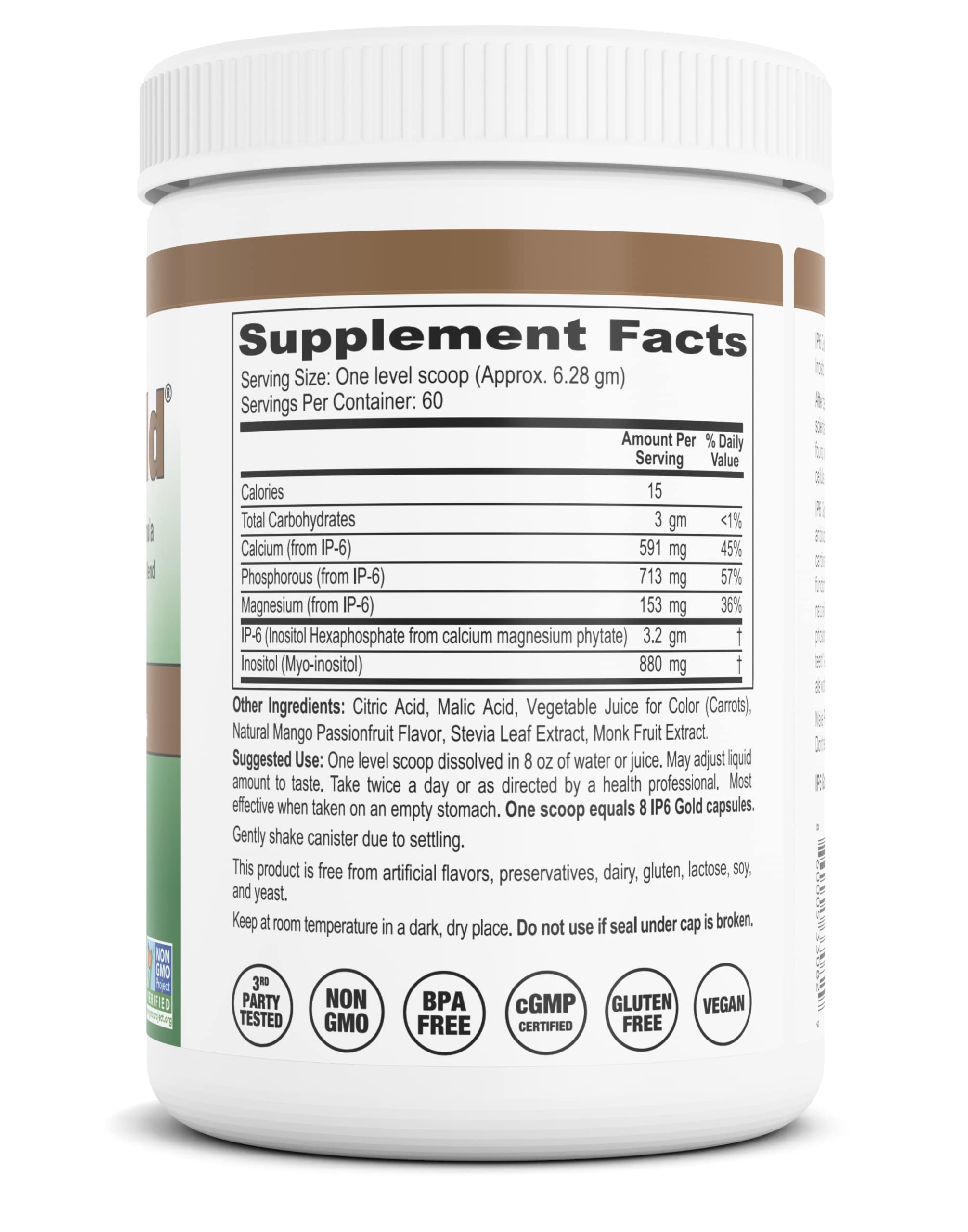IP6 Gold Mango Passionfruit powder tub label emphasizes non-GMO sourcing and purity.