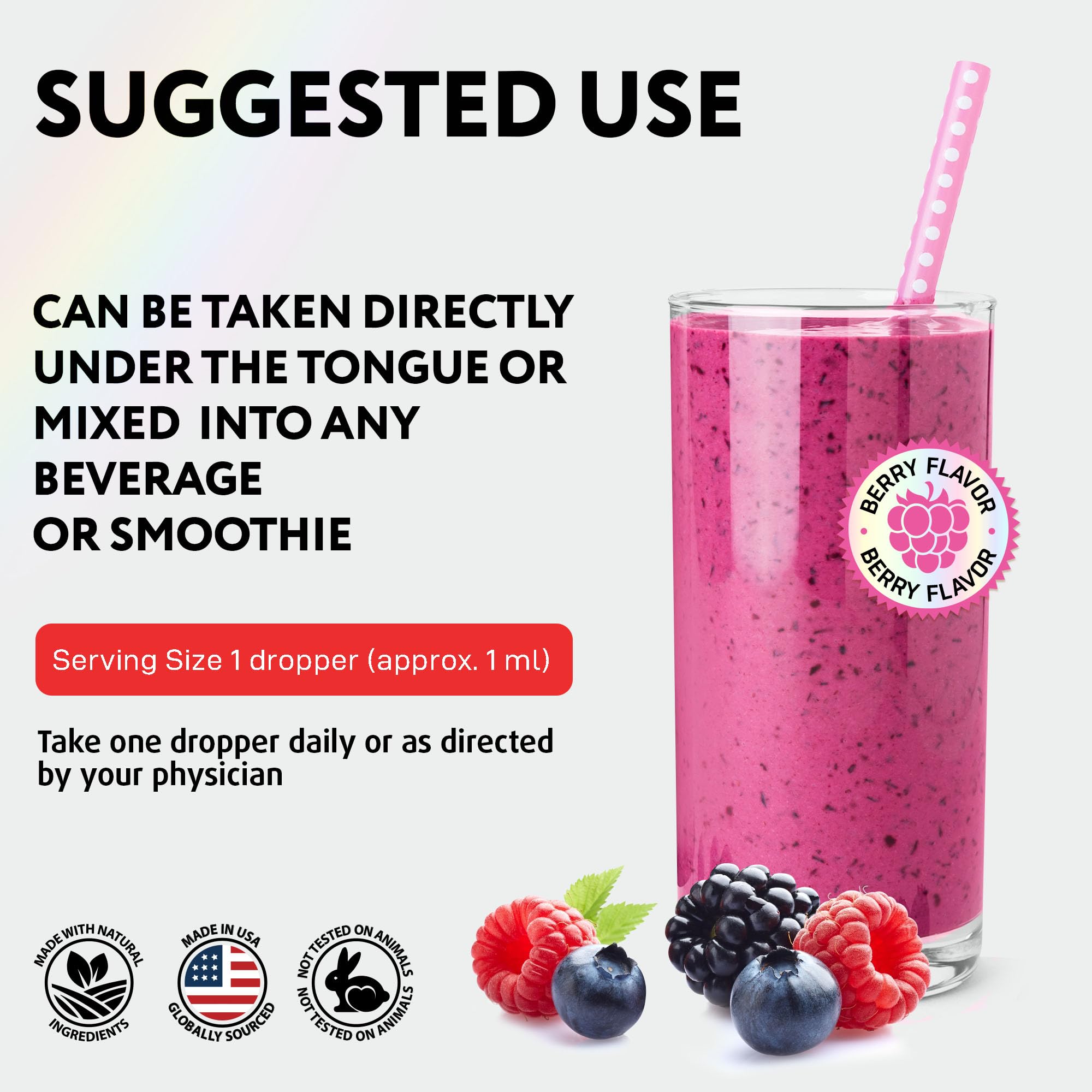 Berry-flavor B12 liquid in vegan base for daily vitality.