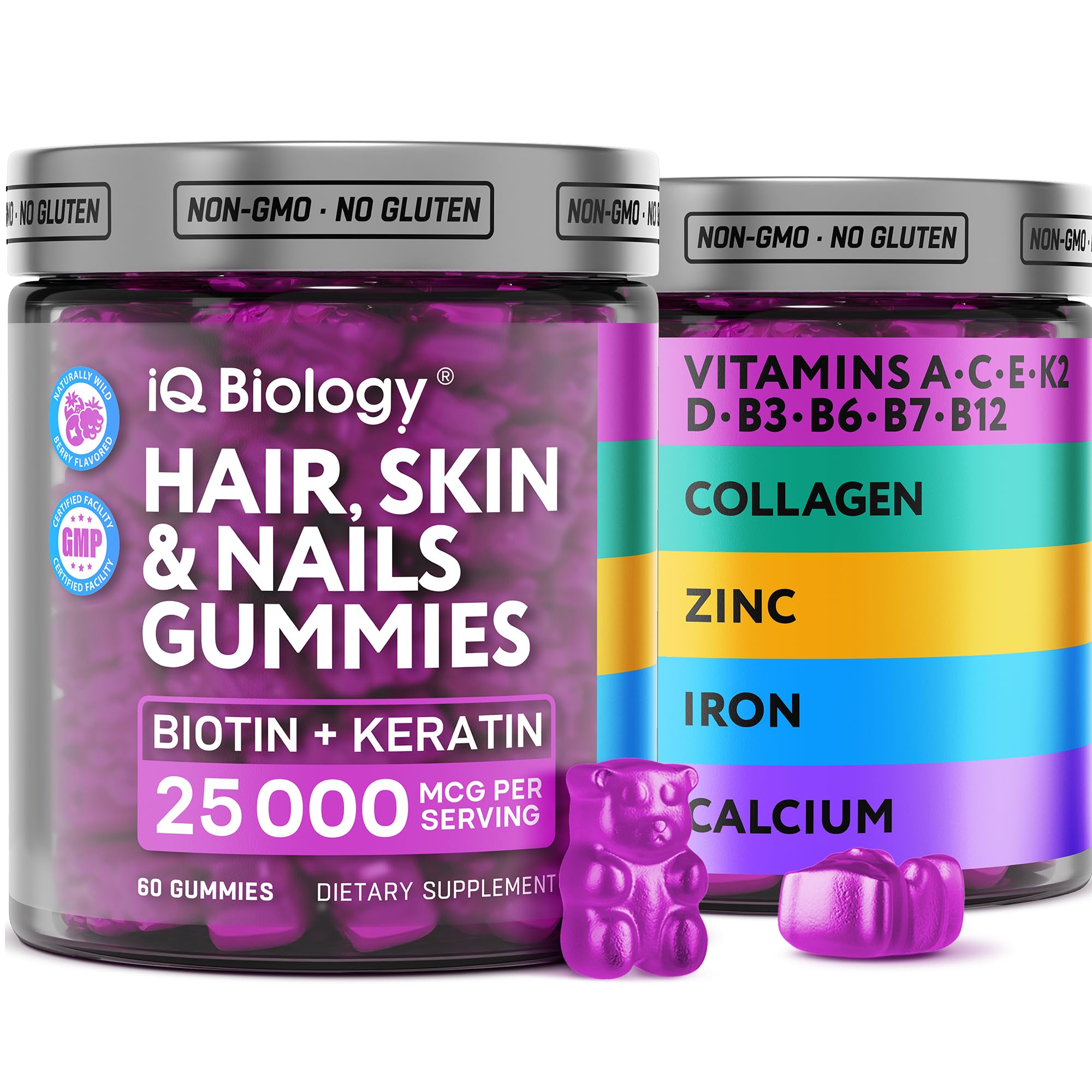 IQ Biology Biotin Gummies bottle shows a daily beauty routine for healthier hair and nails.