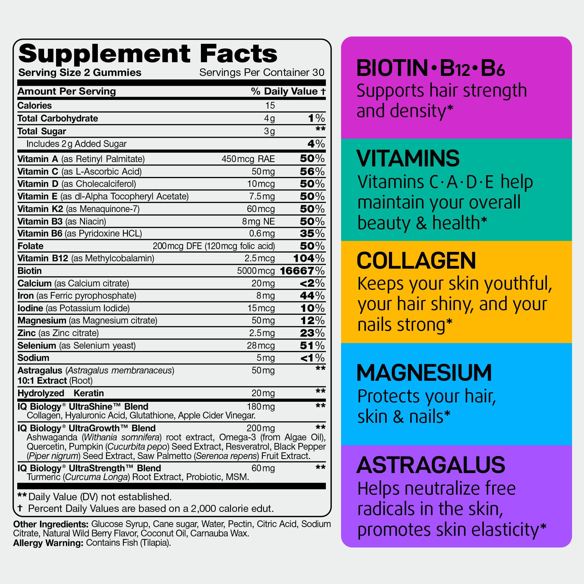 IQ Biology Biotin Gummies closeup highlights soft texture and vibrant formula for hair nourishment.