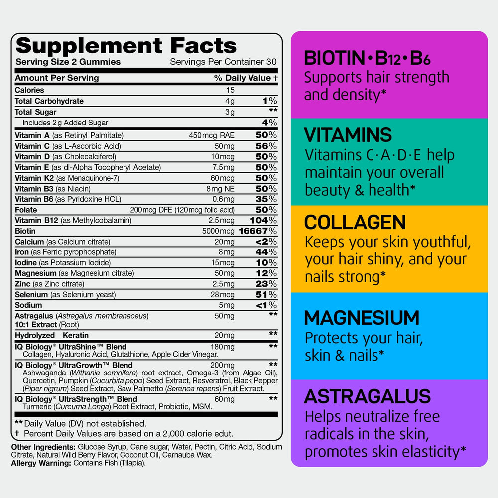 IQ Biology Biotin Gummies closeup highlights soft texture and vibrant formula for hair nourishment.