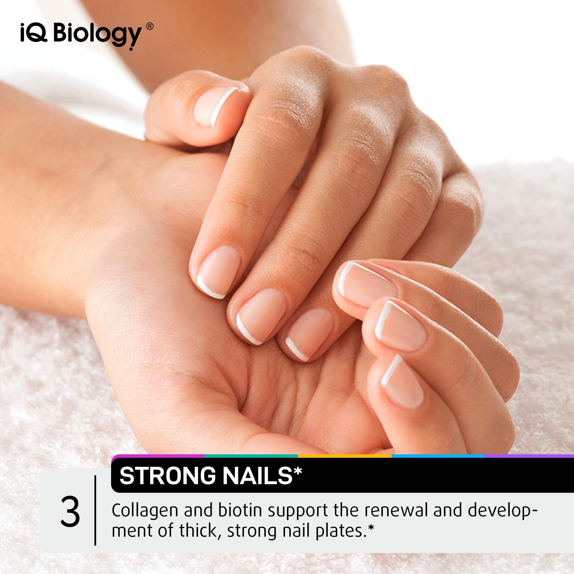IQ Biology Biotin Gummies product image with glass of water signals easy daily chew.