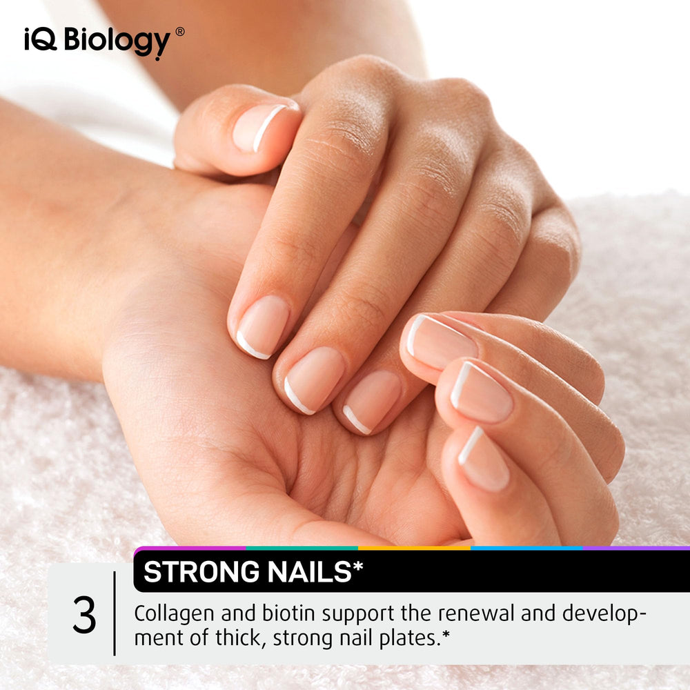 IQ Biology Biotin Gummies product image with glass of water signals easy daily chew.