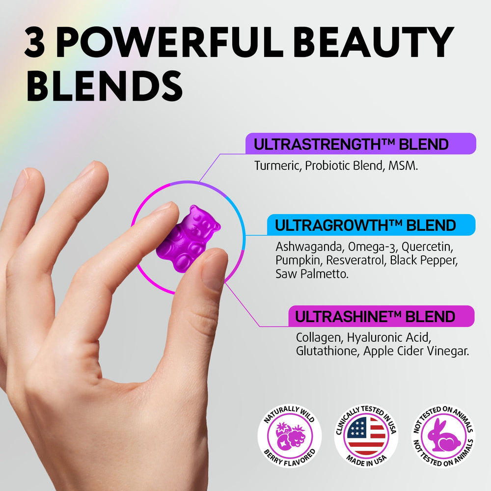 IQ Biology Biotin Gummies ingredients panel highlights hyaluronic acid and glutathione synergy.
