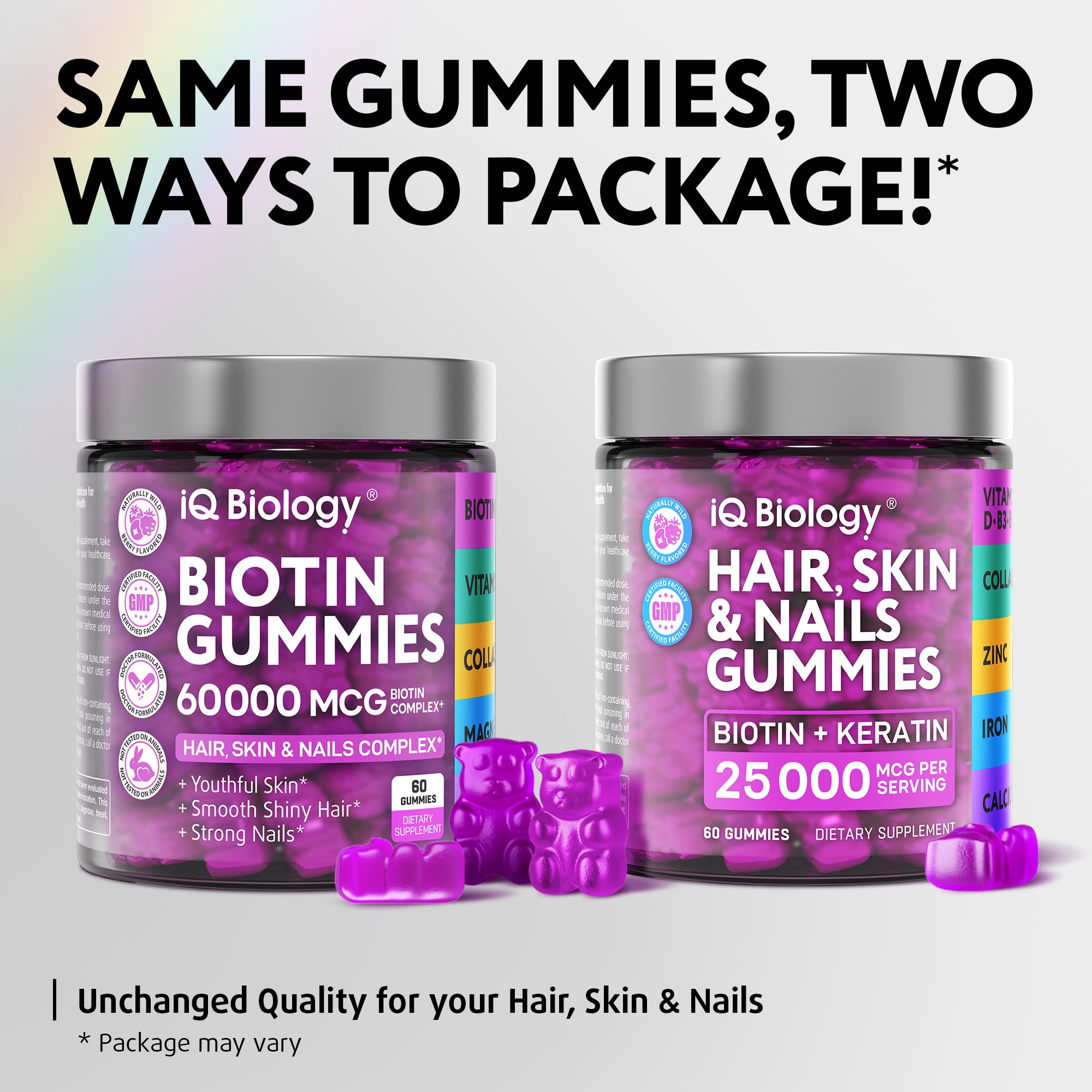 IQ Biology Biotin Gummies packaging on shelf communicates balanced nutrition for skin and nails.