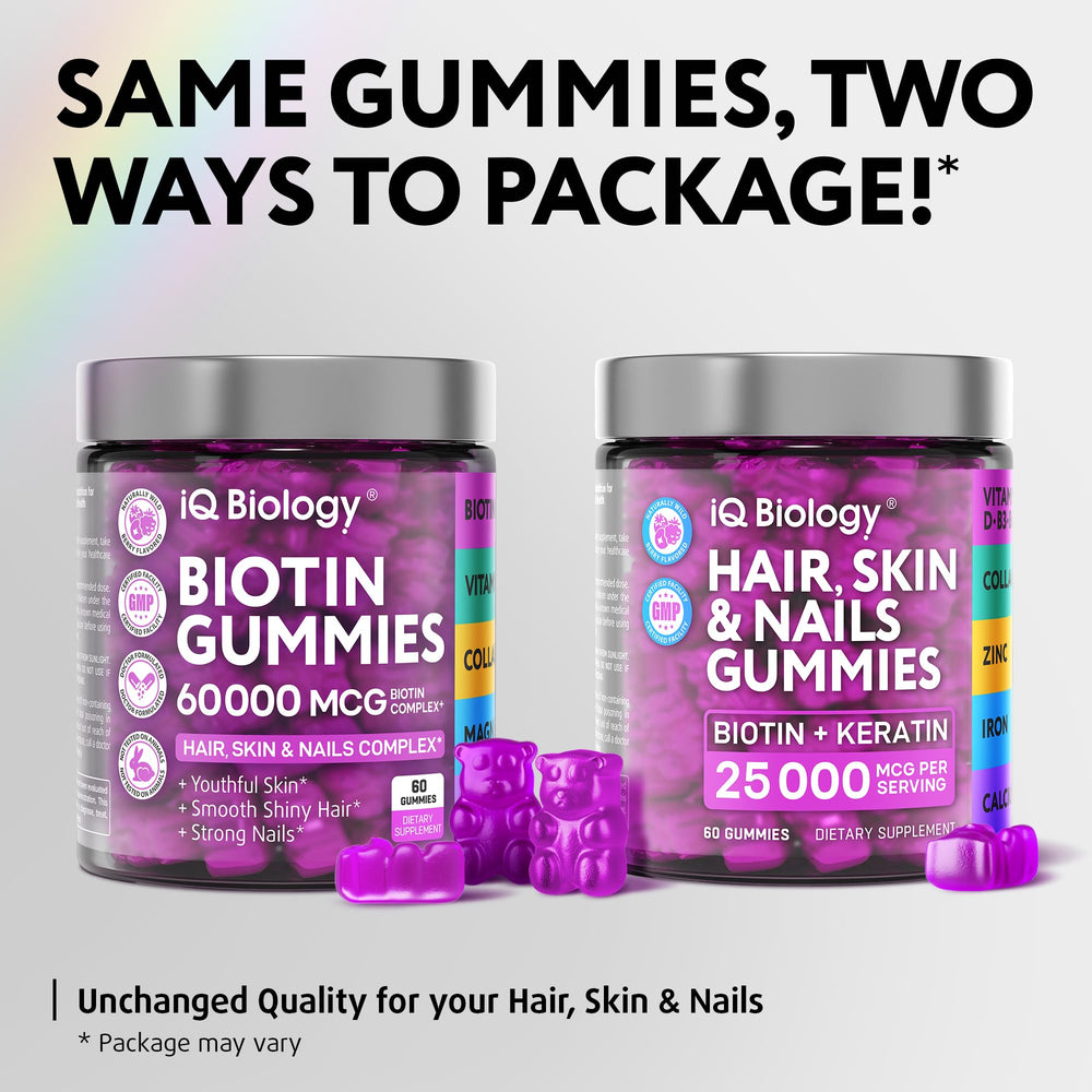 IQ Biology Biotin Gummies packaging on shelf communicates balanced nutrition for skin and nails.