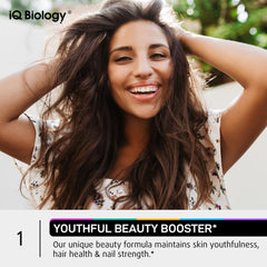 IQ BIOLOGY bottle and packaging highlighting skin, hair, and nails benefits