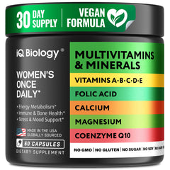 IQ Biology Daily Multivitamin for Women bottle shown for daily energy support
