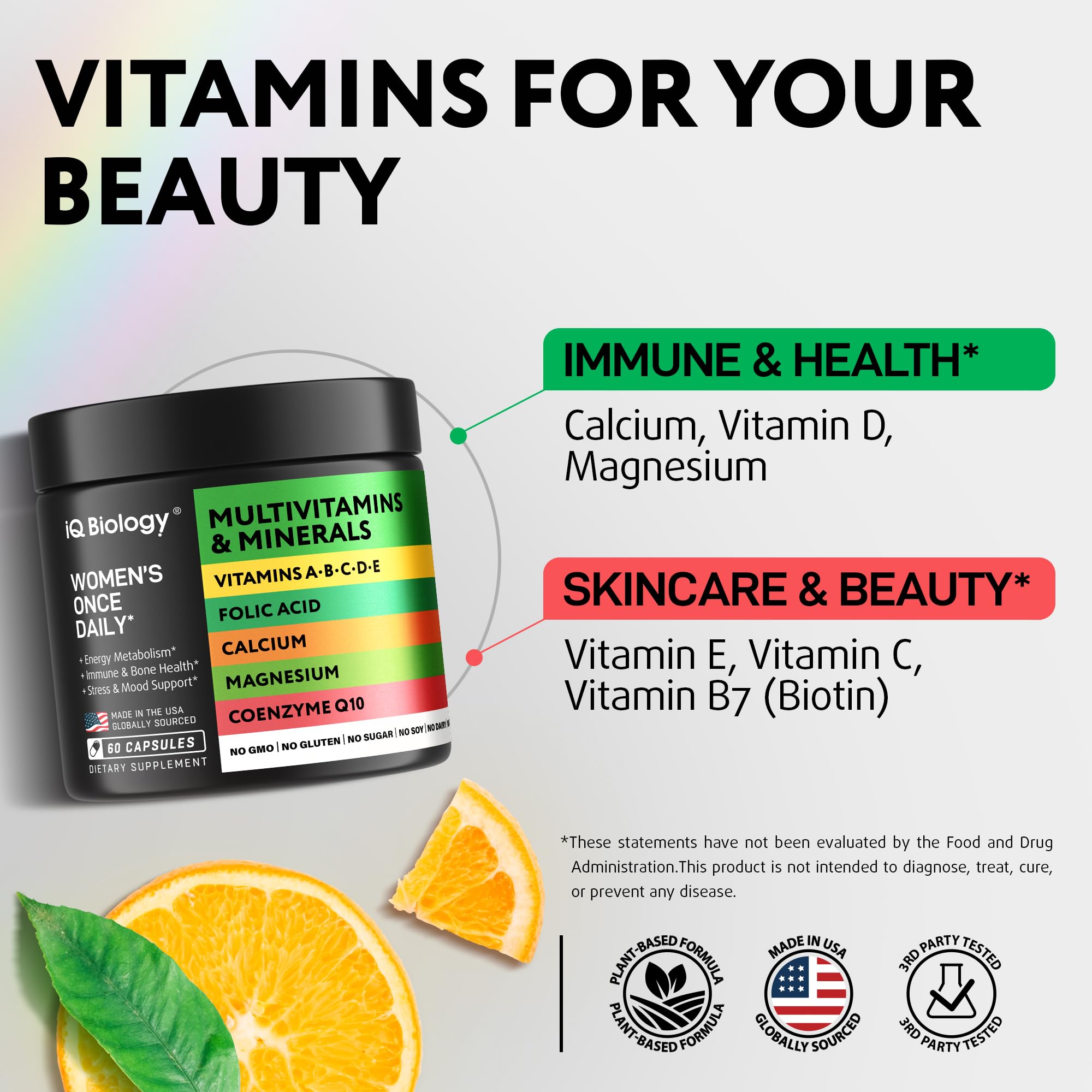 IQ Biology Daily Multivitamin for Women label highlights 60 capsules