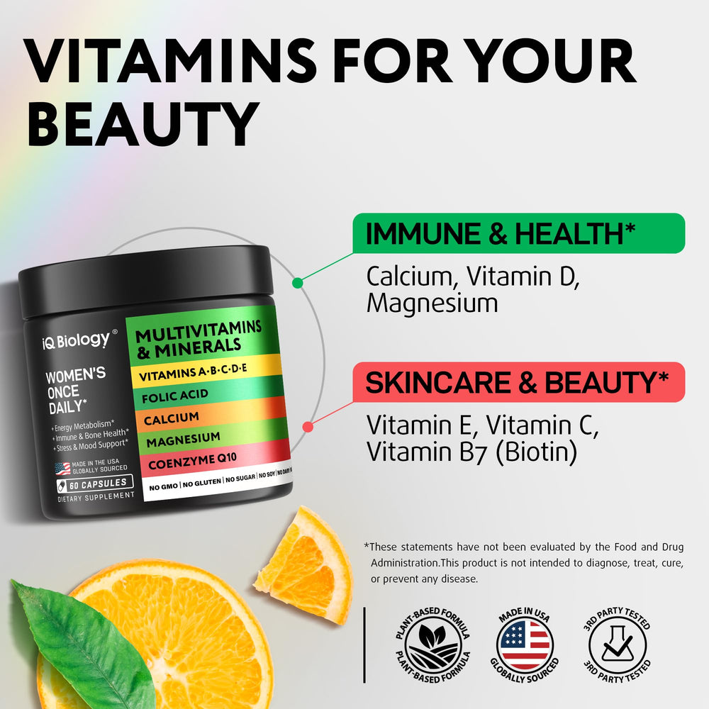 IQ Biology Daily Multivitamin for Women label highlights 60 capsules