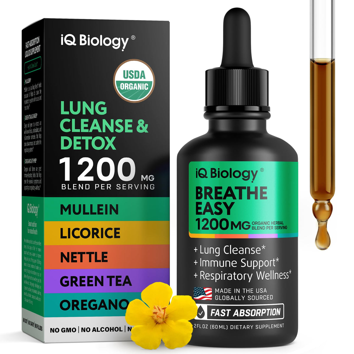 IQ Biology Mullein Drops bottle label showing organic lung support formula.