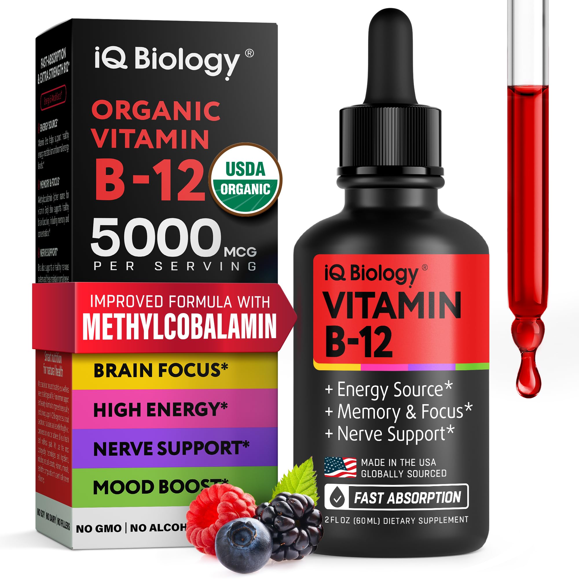 IQ Biology Organic B12 Drops bottle and dropper for sublingual use and energy support.