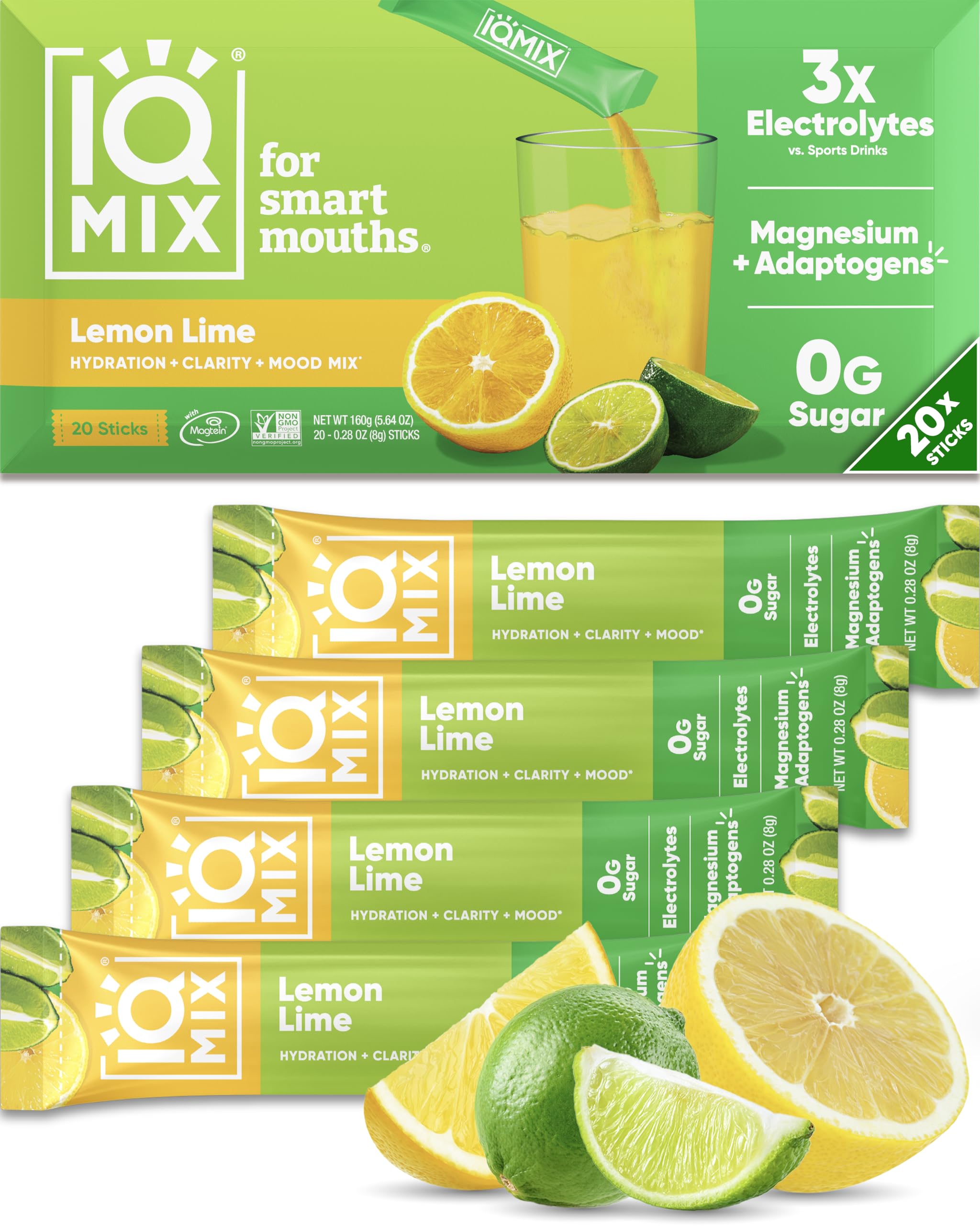 IQMIX Lemon Lime packet beside a glass for on-the-go hydration