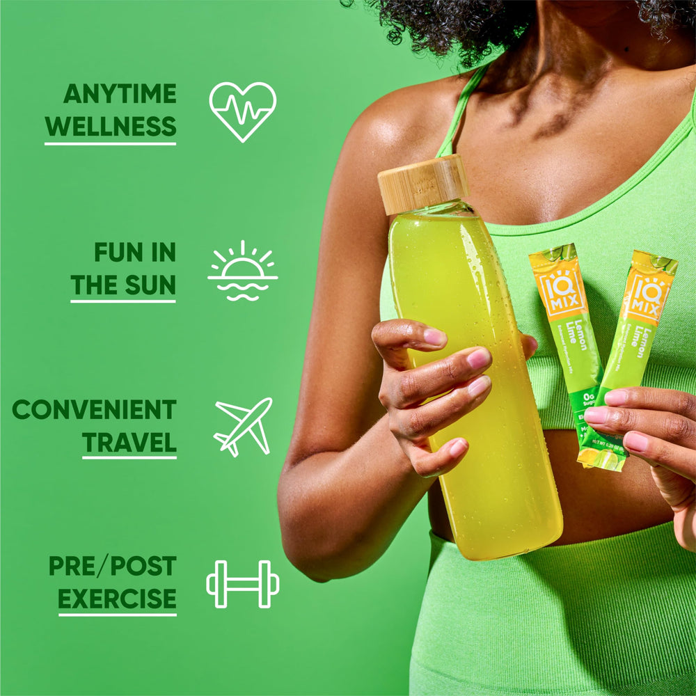 IQMIX variety-pack display showcases flavor options and daily hydration.