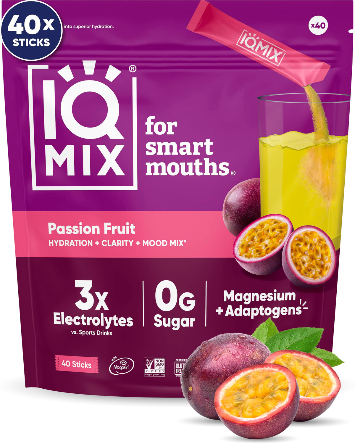 IQMIX hydration packet Passion Fruit on-the-go hydration with zero sugar