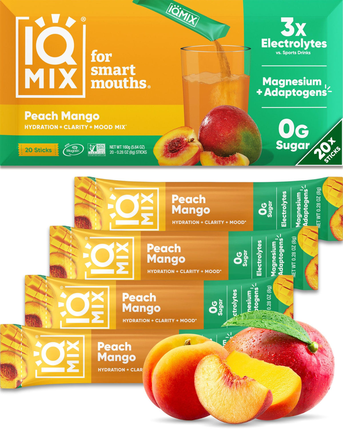IQMIX hydration packet Peach Mango for on-the-go sugar-free hydration.