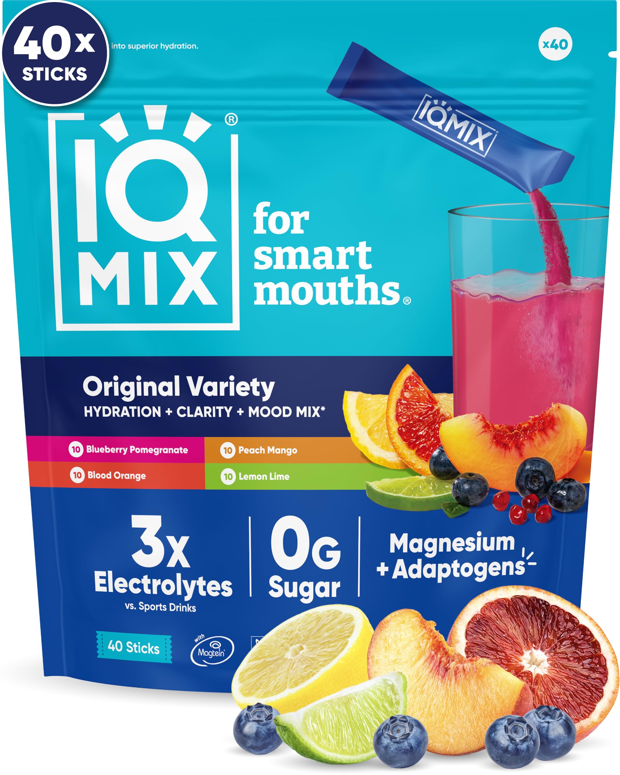 IQMIX hydration powder packaging highlights a sugar-free electrolyte blend for on-the-go hydration.