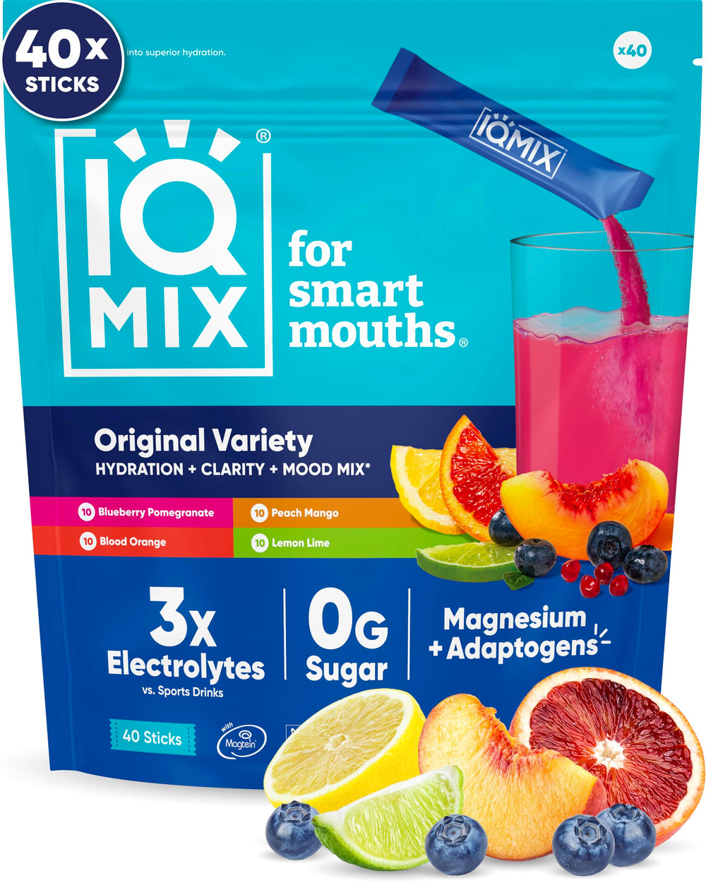 IQMIX hydration powder packaging highlights a sugar-free electrolyte blend for on-the-go hydration.
