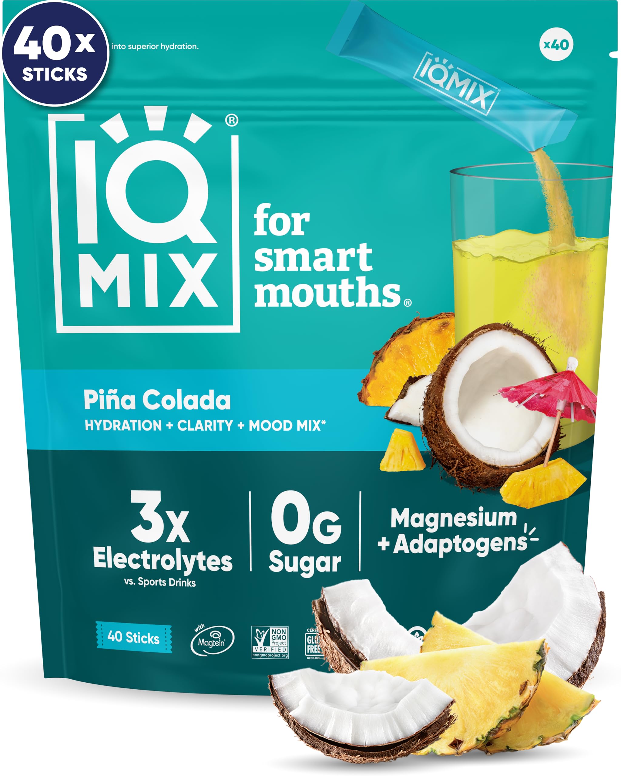 IQMIX hydration powder tub front with Piña Colada flavor for on-the-go hydration
