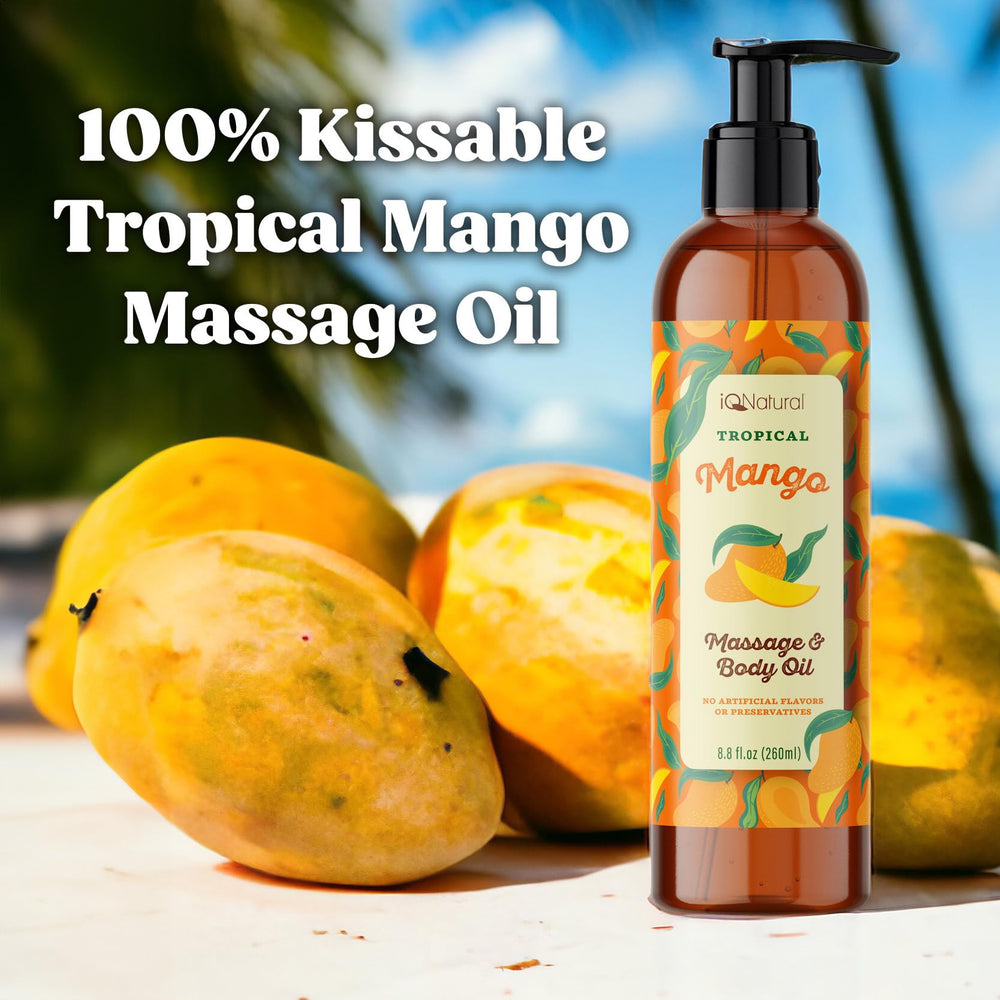 IQNATURAL Mango Edible Massage Oil aroma highlights tropical mango scent for relaxation.