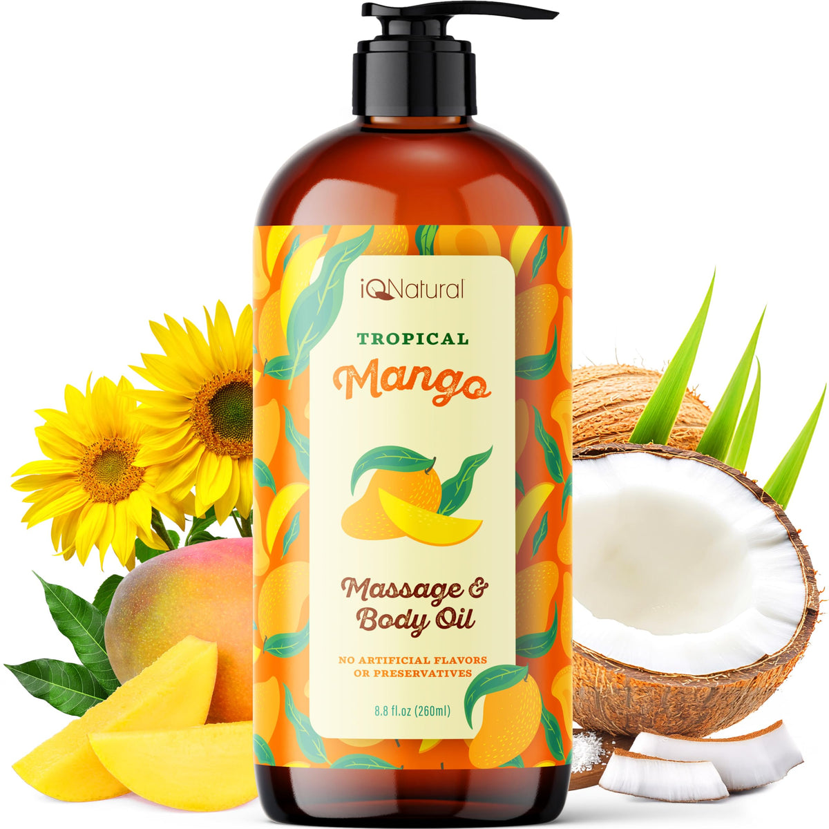 IQNATURAL Mango Edible Massage Oil bottle shows a silky glide for intimate massage.