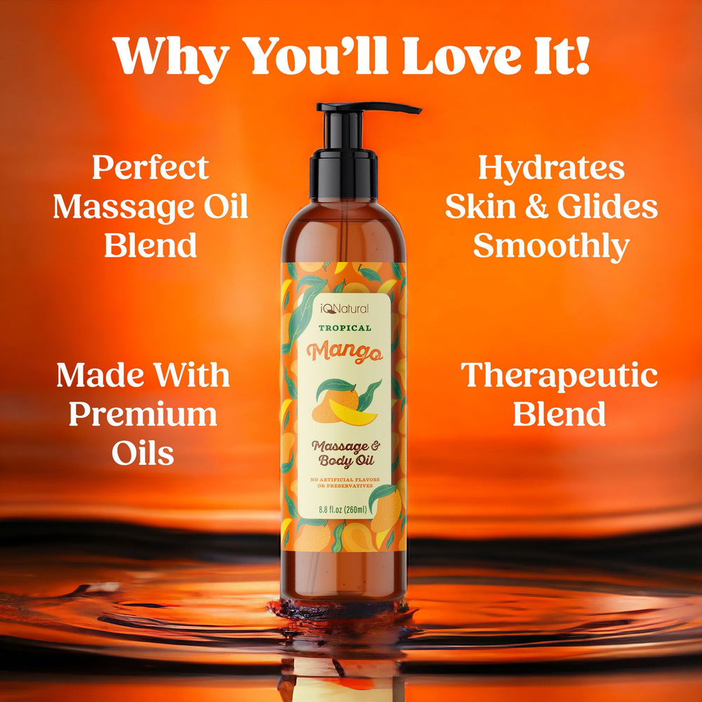 IQNATURAL Mango Edible Massage Oil pour captures a warming aroma for date night.