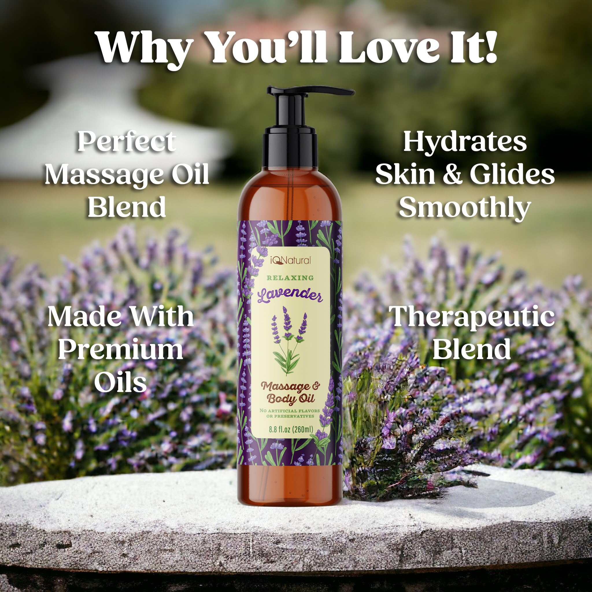 IQ Natural Organic Lavender Body Oil pampered skin with soothing aroma.