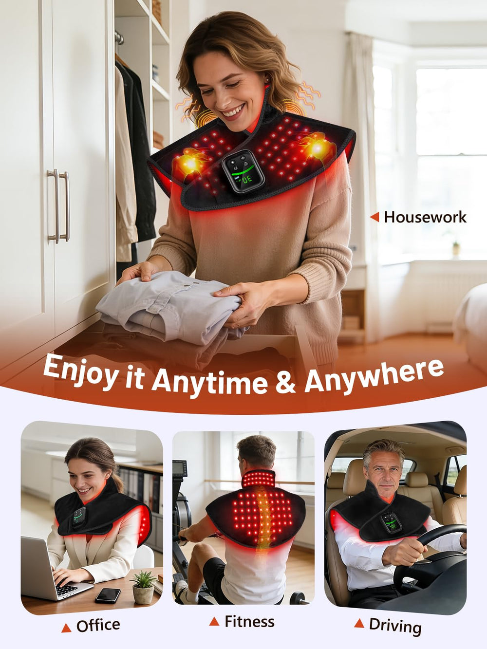 IRELEX ergonomic fit highlights adjustable strap for a secure neck-and-shoulder wrap.