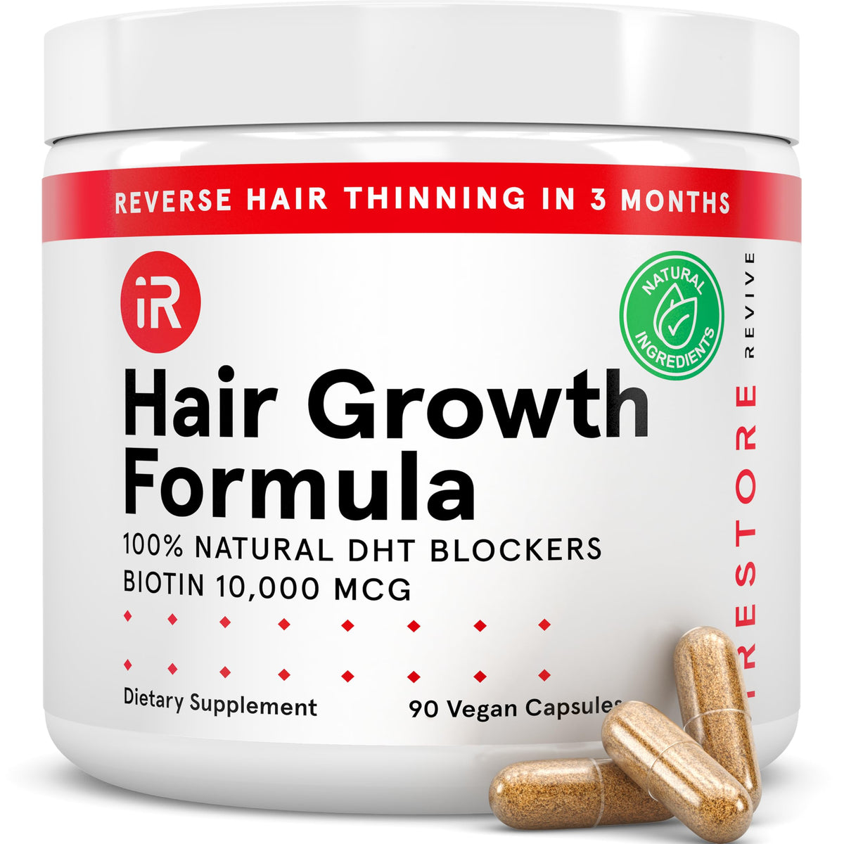 iRestore hair growth supplement bottle for daily growth support.