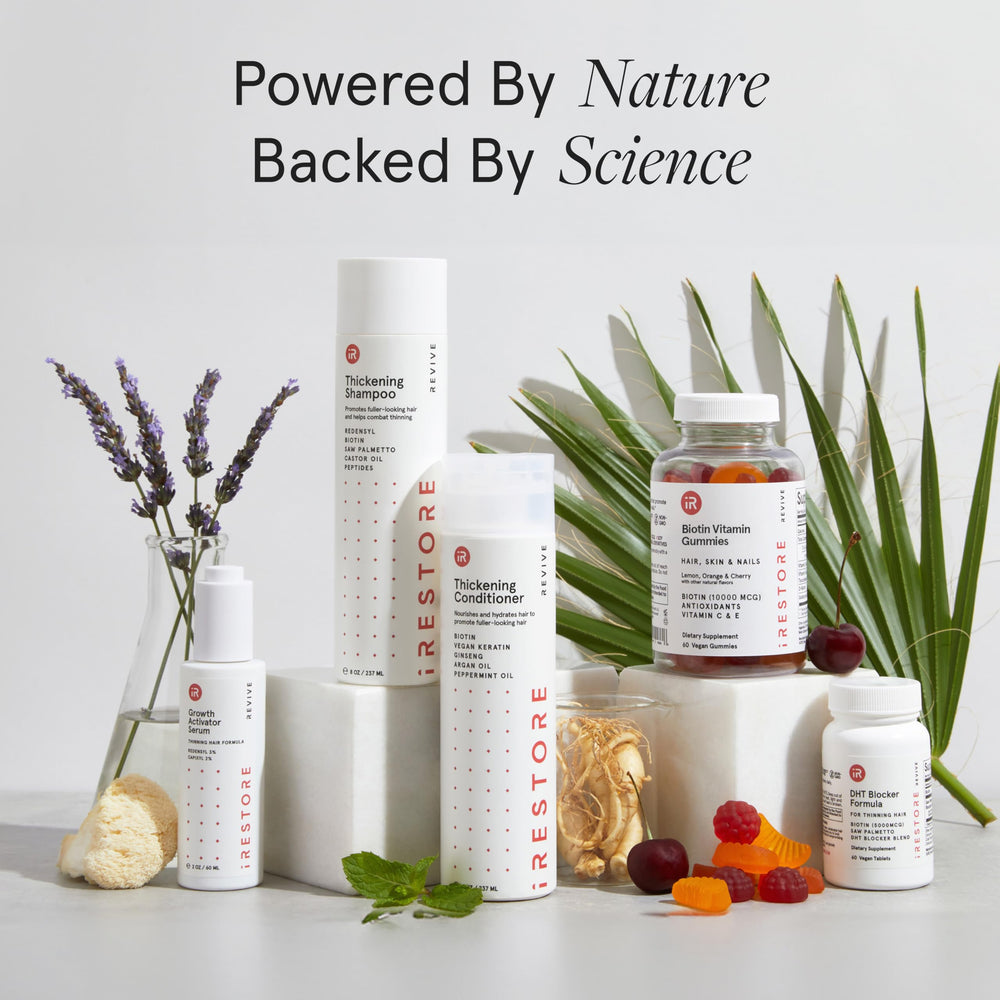 iRestore hair gummy daily-use bottle beside measuring cup for accurate dosing.