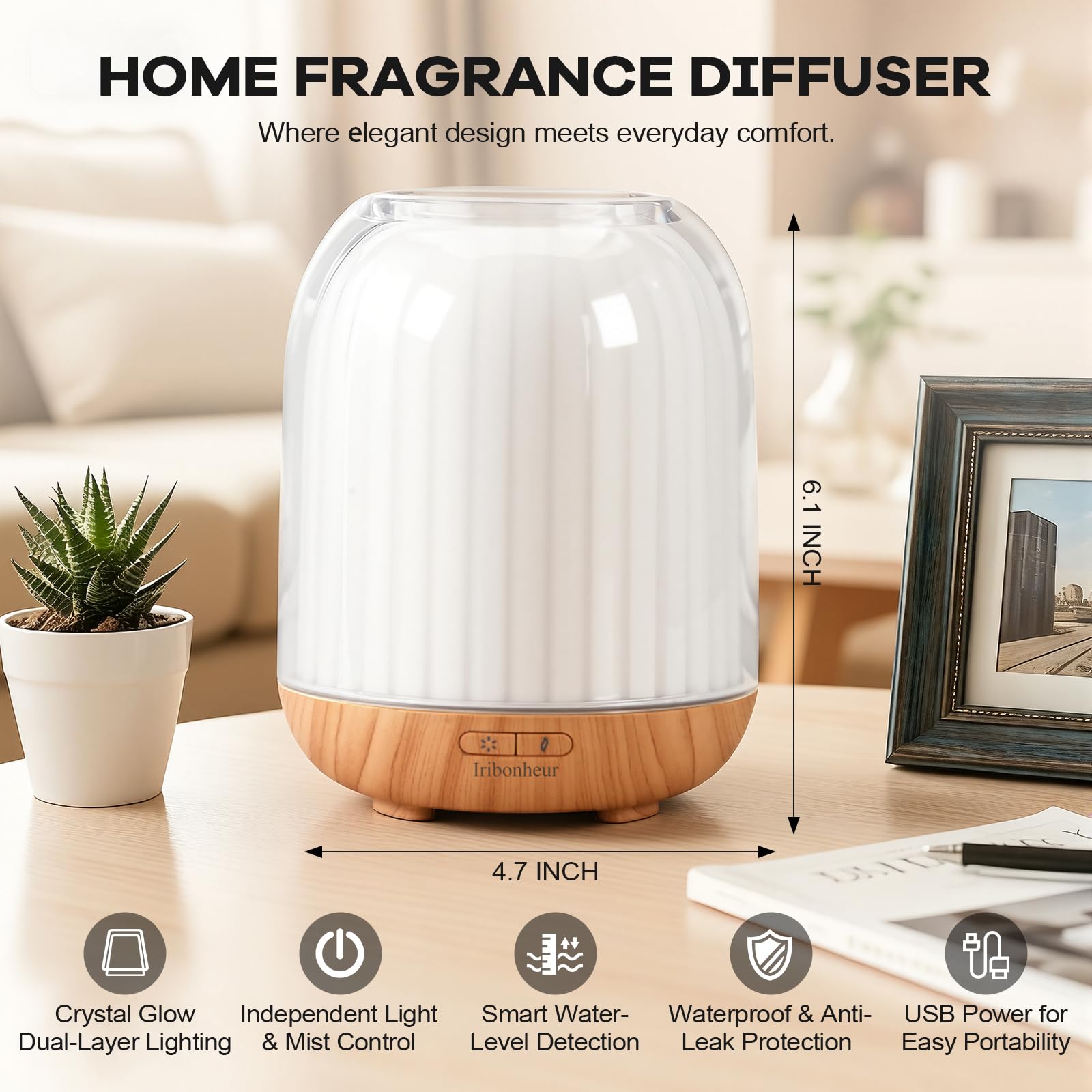 Iribonheur essential oil diffuser complements bedrooms and offices with soothing mist and soft lighting.
