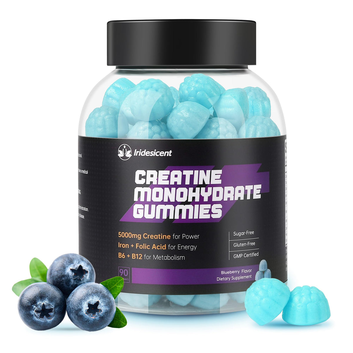 Iridesicent Creatine Gummies bottle front for daily energy support