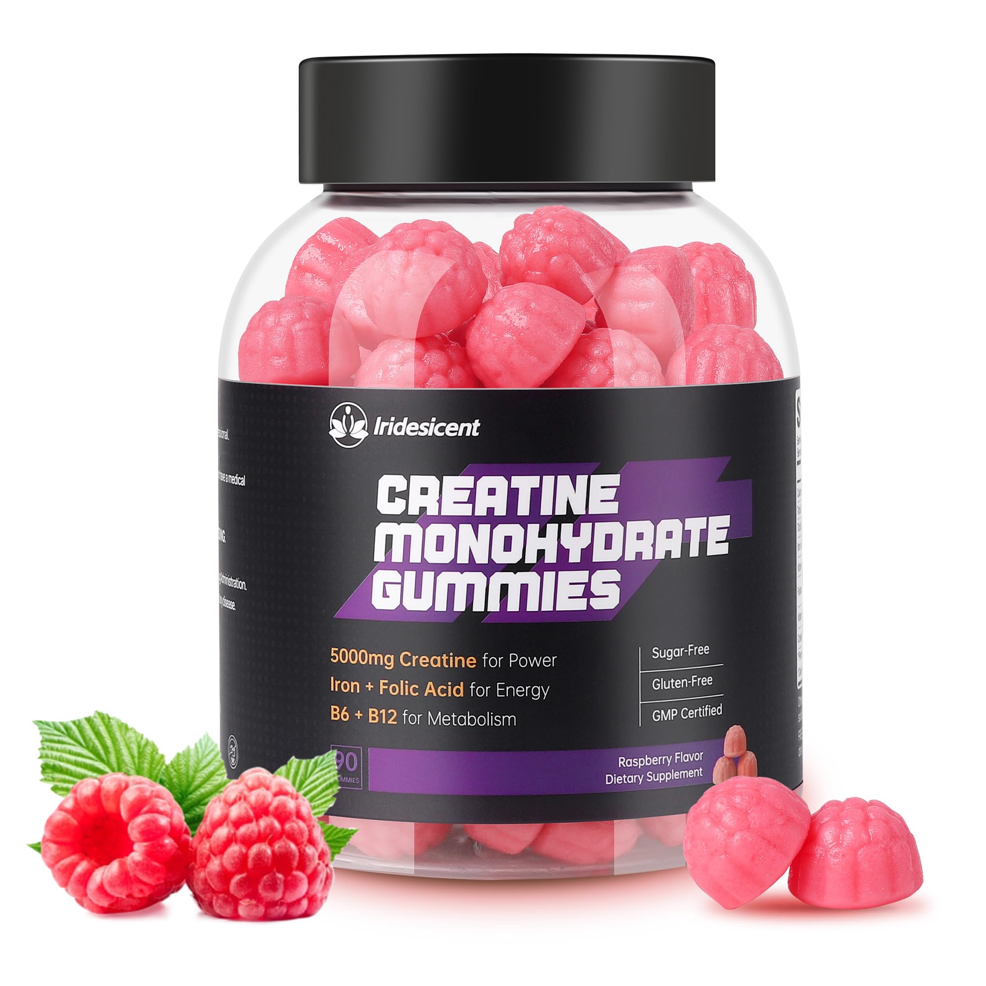 Iridesicent Creatine Gummies bottle front shows raspberry flavor and 90-count pack for on-the-go energy.
