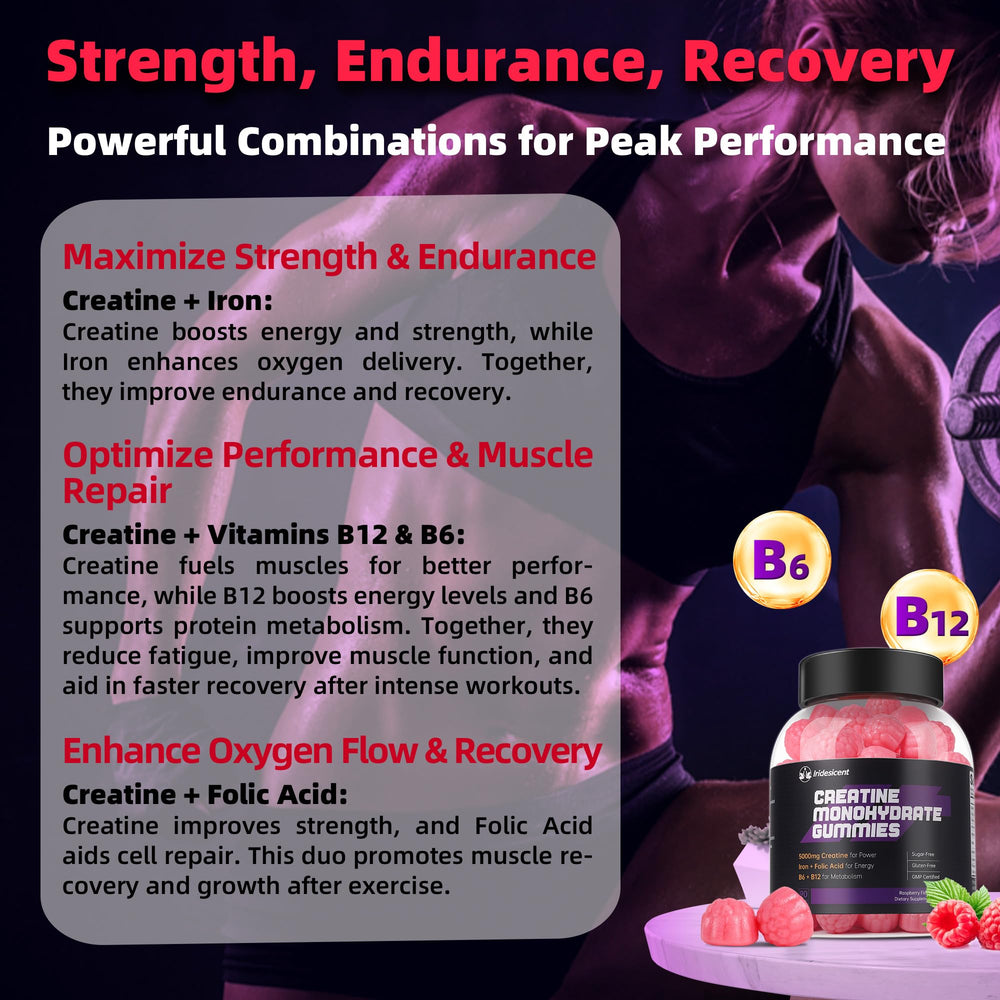Iridesicent Creatine Gummies bottle being poured into a hand for convenient daily serving.