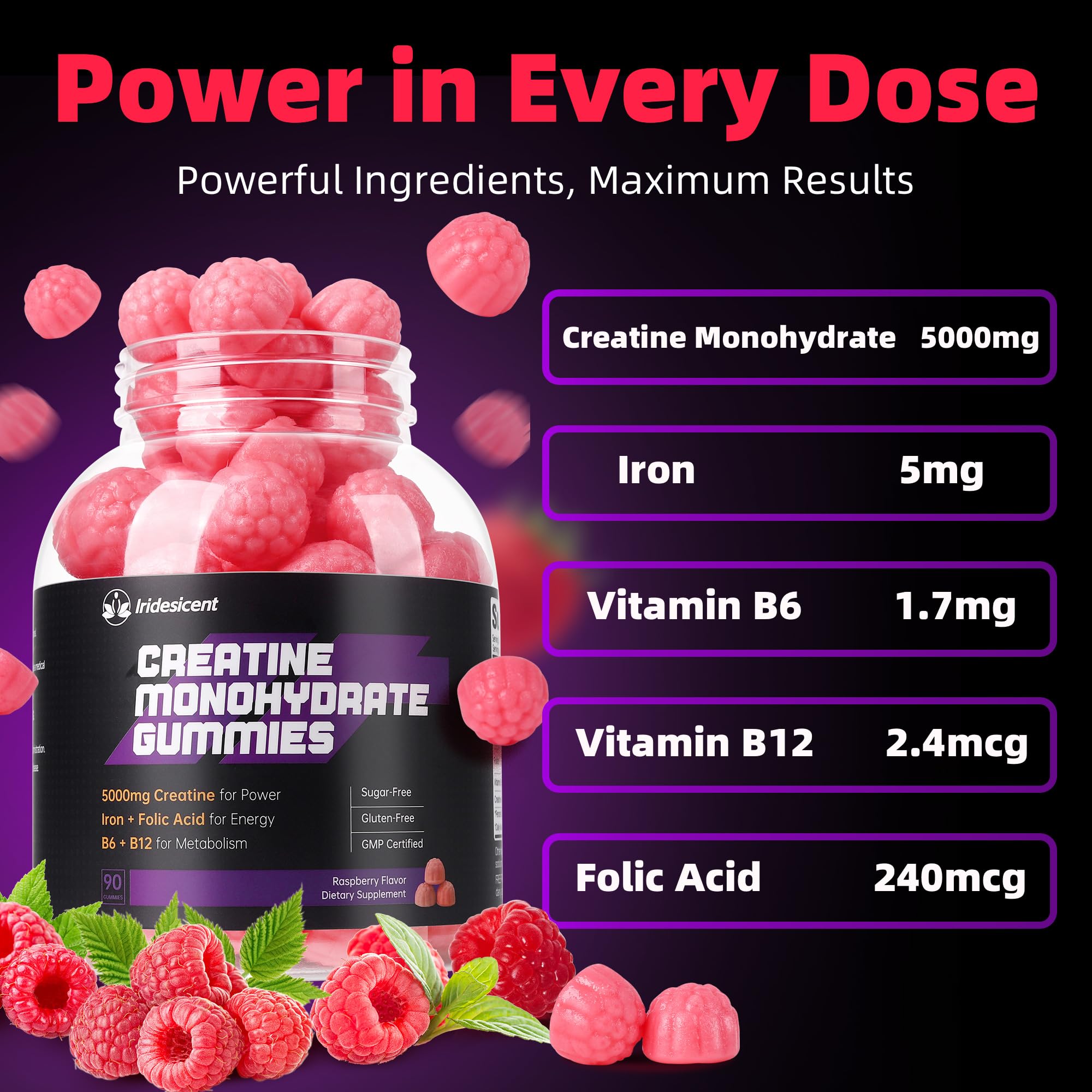 Iridesicent Creatine Gummies ingredient panel features iron and B vitamins for daily vitality.