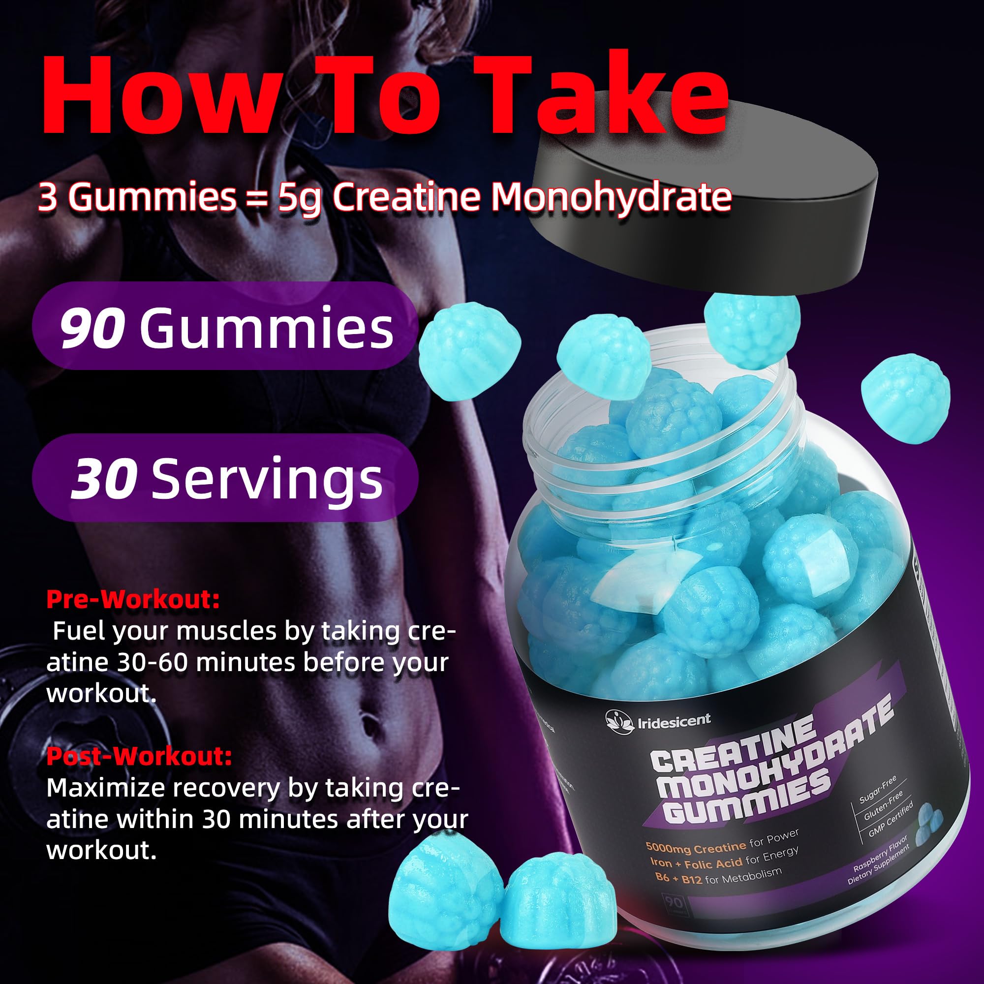 Iridesicent Creatine Gummies ingredients panel highlighting creatine and nutrients
