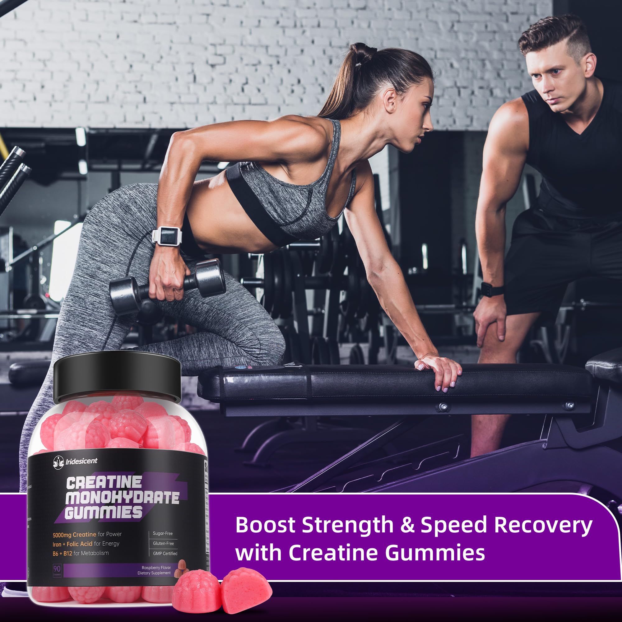 Iridesicent Creatine Gummies nutrition label close-up for transparent ingredients.