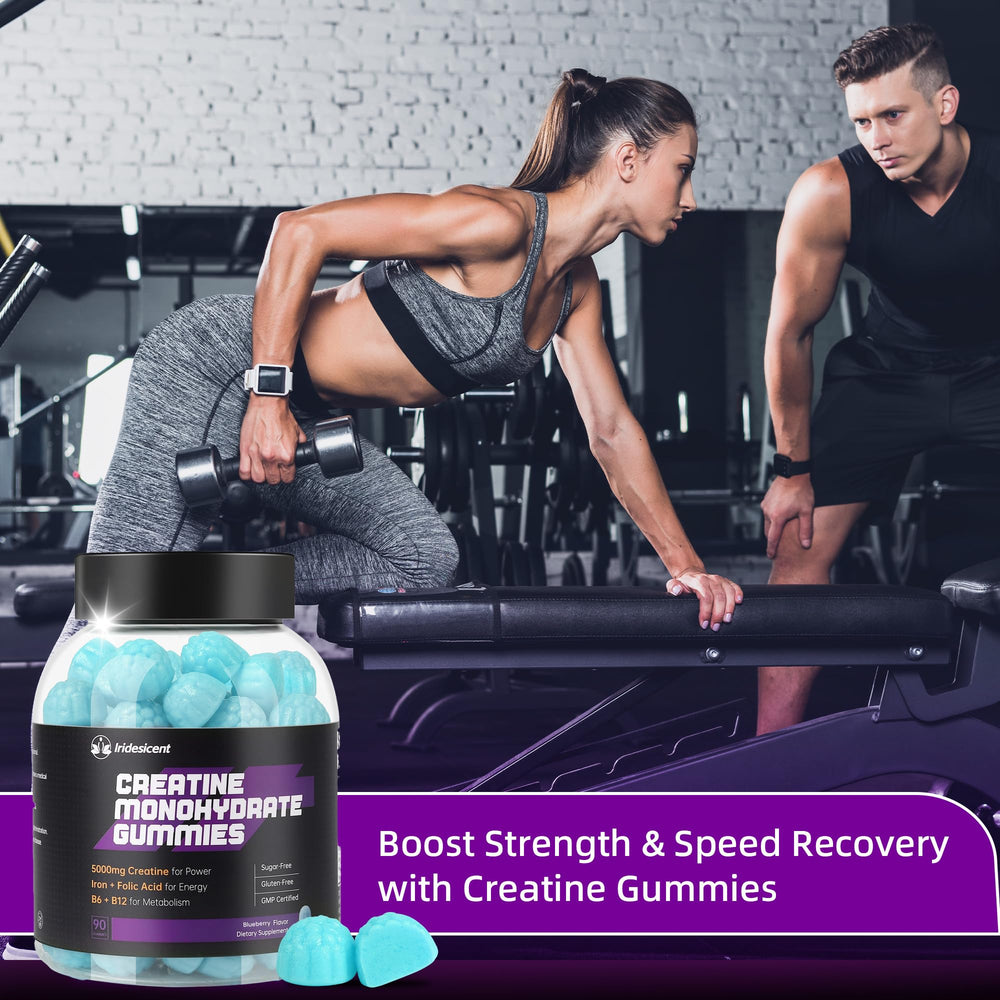 Iridesicent Creatine Gummies packaging box for easy shelf appeal